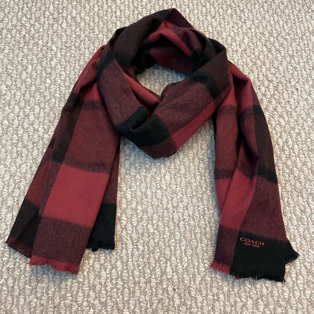 Coach Mens Oxblood Red Big Plaid Wool Blend Rectangle Long Scarf F21055